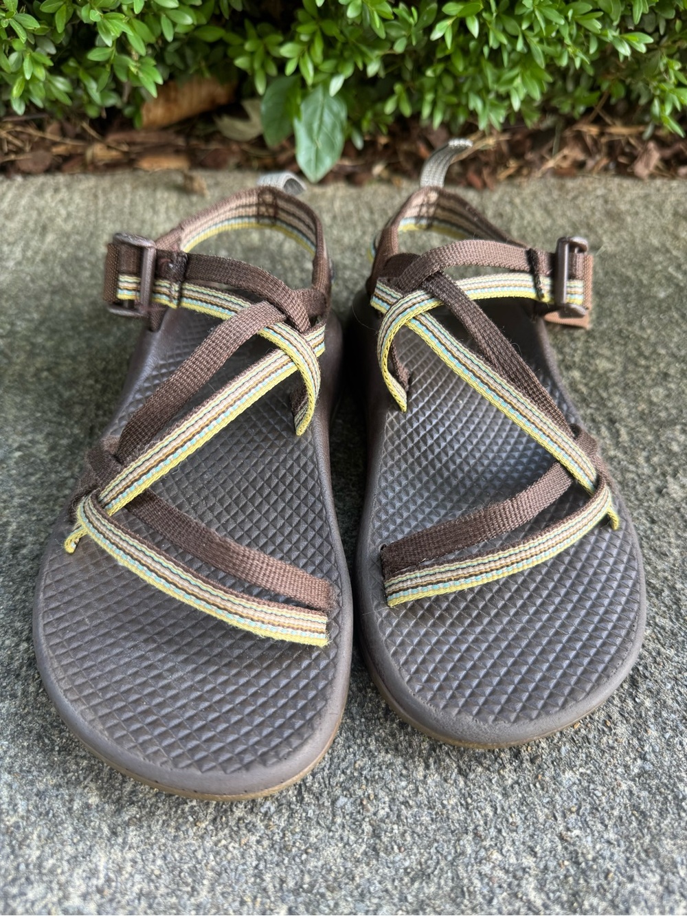 Chaco Kids Brown Sandals with Yellow and Green Stripe Size 1 No Toe Strap